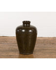 Vintage Dark Brownish Green Glazed Ceramic Storage Jar with Tapering Lines-17. Asian & Chinese Furniture, Art, Antiques, Vintage Home Décor for sale at FEA Home