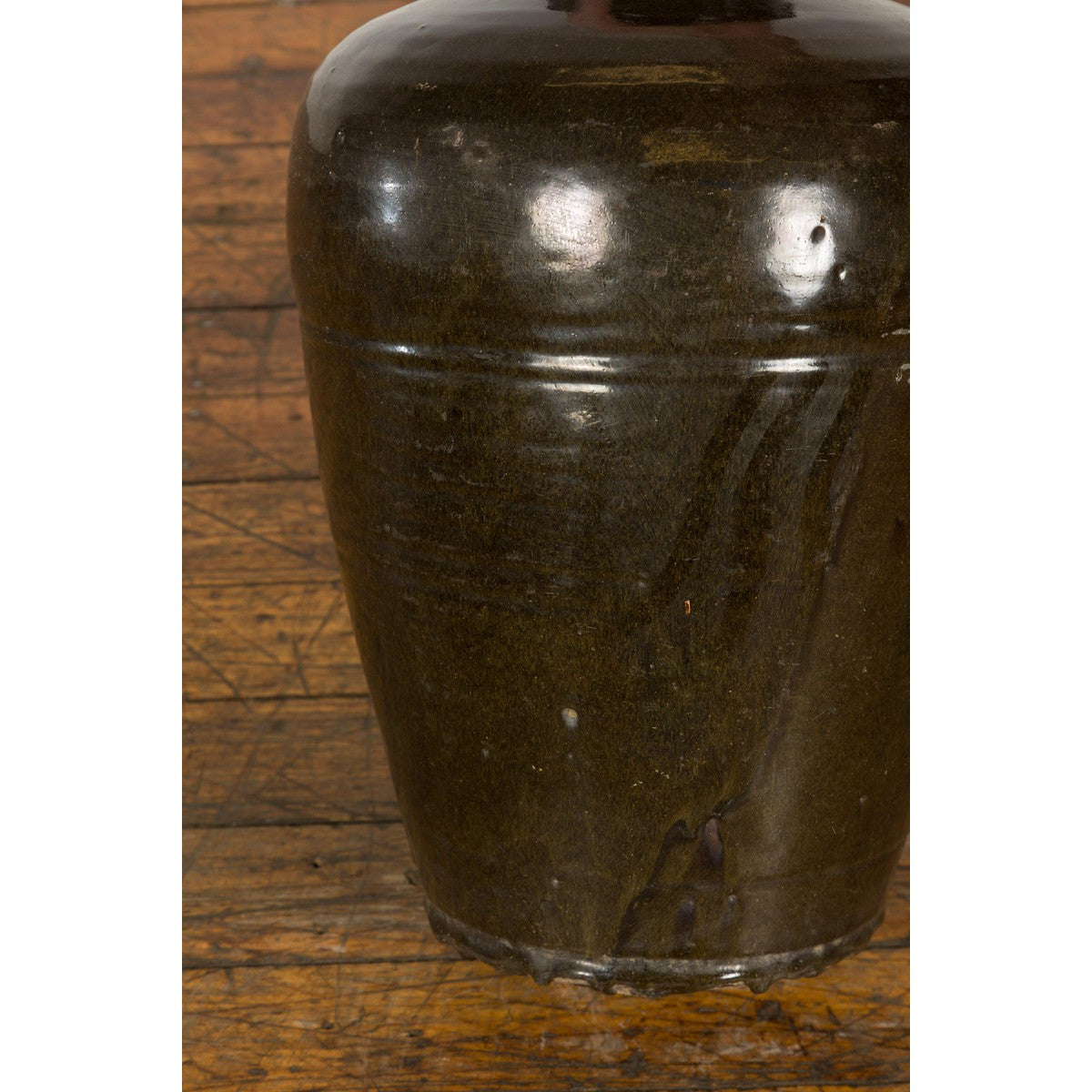 Vintage Dark Brownish Green Glazed Ceramic Storage Jar with Tapering Lines-18. Asian & Chinese Furniture, Art, Antiques, Vintage Home Décor for sale at FEA Home