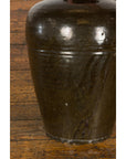Vintage Dark Brownish Green Glazed Ceramic Storage Jar with Tapering Lines-18. Asian & Chinese Furniture, Art, Antiques, Vintage Home Décor for sale at FEA Home