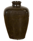 Vintage Dark Brownish Green Glazed Ceramic Storage Jar with Tapering Lines-1. Asian & Chinese Furniture, Art, Antiques, Vintage Home Décor for sale at FEA Home