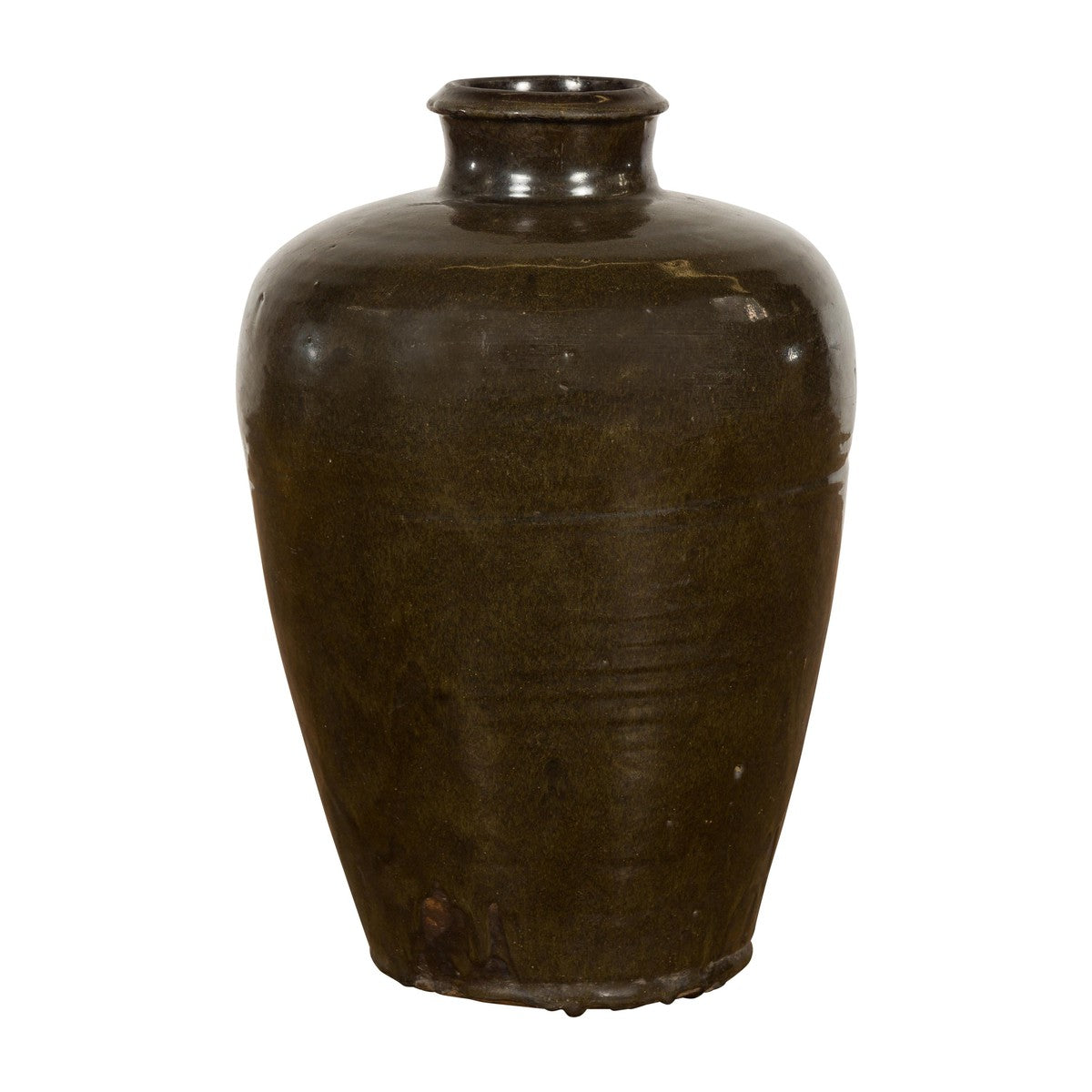 Vintage Dark Brownish Green Glazed Ceramic Storage Jar with Tapering Lines-20. Asian & Chinese Furniture, Art, Antiques, Vintage Home Décor for sale at FEA Home