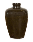 Vintage Dark Brownish Green Glazed Ceramic Storage Jar with Tapering Lines-20. Asian & Chinese Furniture, Art, Antiques, Vintage Home Décor for sale at FEA Home