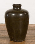 Vintage Dark Brownish Green Glazed Ceramic Storage Jar with Tapering Lines-2. Asian & Chinese Furniture, Art, Antiques, Vintage Home Décor for sale at FEA Home