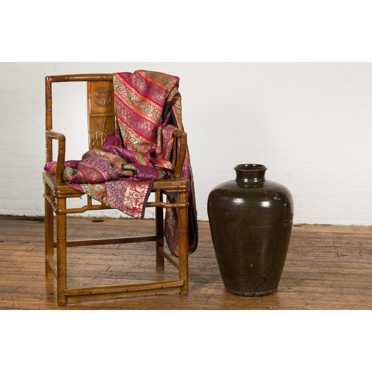 Vintage Dark Brownish Green Glazed Ceramic Storage Jar with Tapering Lines-3. Asian & Chinese Furniture, Art, Antiques, Vintage Home Décor for sale at FEA Home