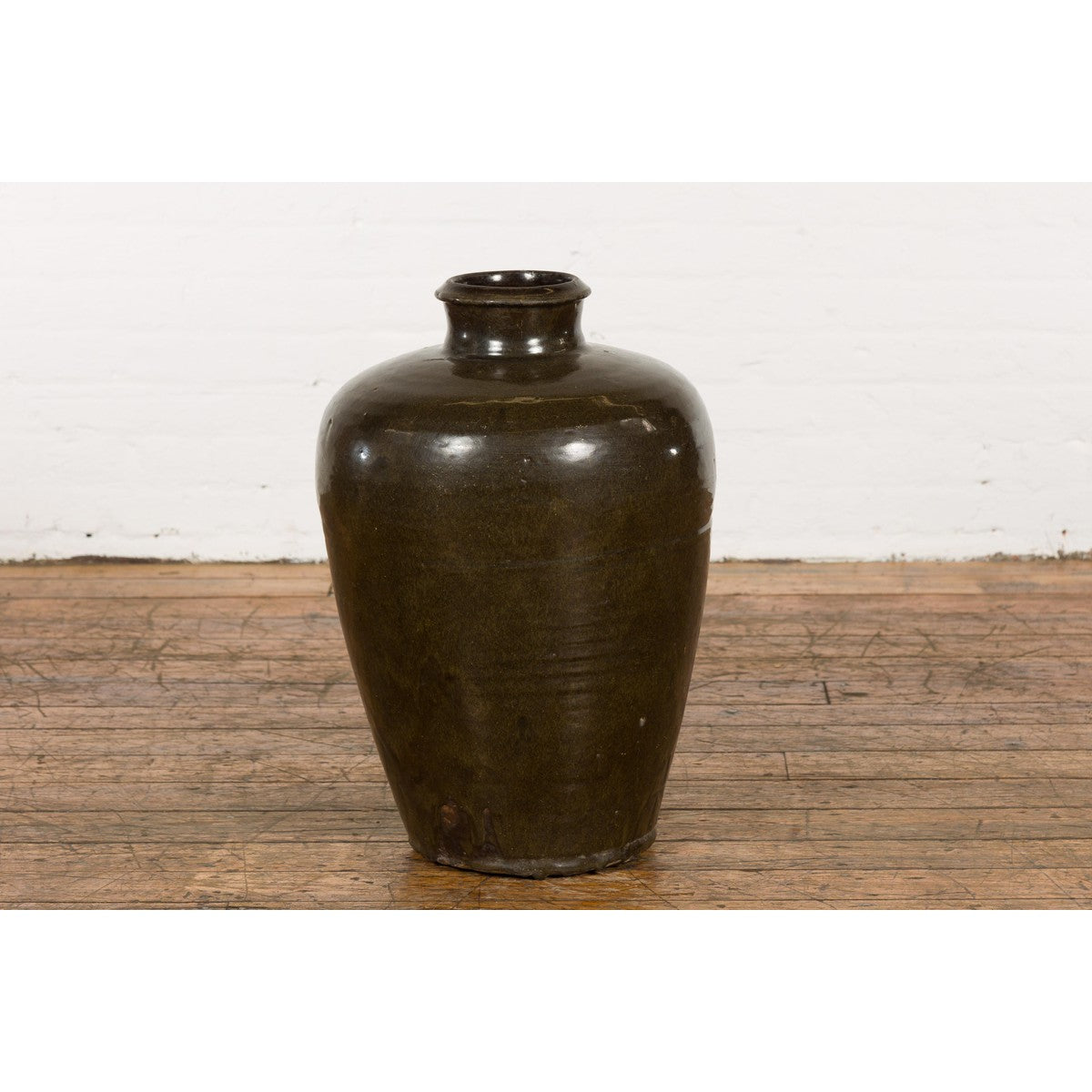 Vintage Dark Brownish Green Glazed Ceramic Storage Jar with Tapering Lines-4. Asian & Chinese Furniture, Art, Antiques, Vintage Home Décor for sale at FEA Home