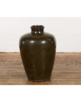 Vintage Dark Brownish Green Glazed Ceramic Storage Jar with Tapering Lines-4. Asian & Chinese Furniture, Art, Antiques, Vintage Home Décor for sale at FEA Home