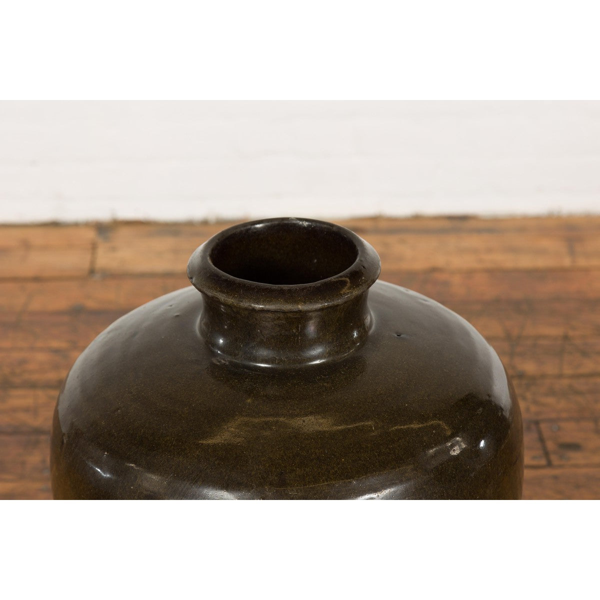 Vintage Dark Brownish Green Glazed Ceramic Storage Jar with Tapering Lines-5. Asian & Chinese Furniture, Art, Antiques, Vintage Home Décor for sale at FEA Home