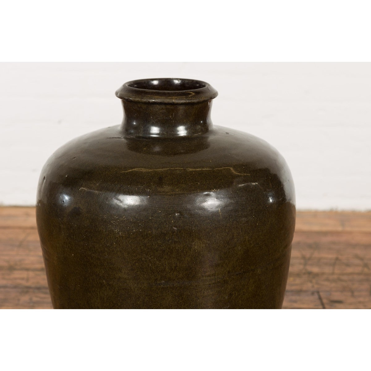Vintage Dark Brownish Green Glazed Ceramic Storage Jar with Tapering Lines-6. Asian & Chinese Furniture, Art, Antiques, Vintage Home Décor for sale at FEA Home