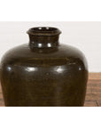 Vintage Dark Brownish Green Glazed Ceramic Storage Jar with Tapering Lines-6. Asian & Chinese Furniture, Art, Antiques, Vintage Home Décor for sale at FEA Home