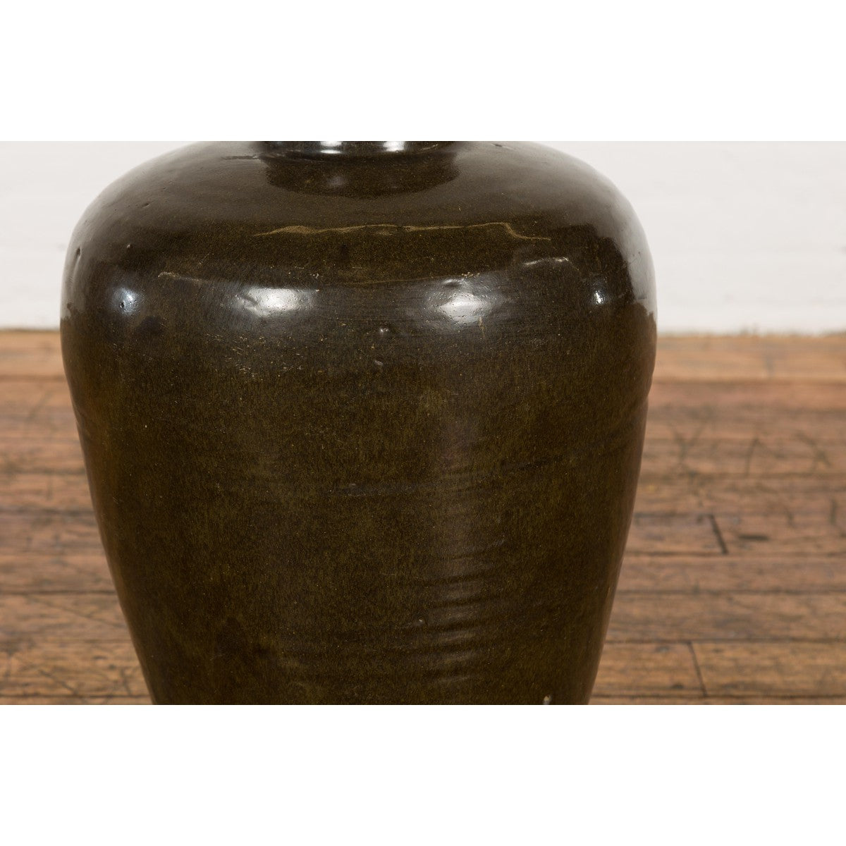 Vintage Dark Brownish Green Glazed Ceramic Storage Jar with Tapering Lines-7. Asian & Chinese Furniture, Art, Antiques, Vintage Home Décor for sale at FEA Home
