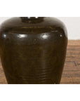 Vintage Dark Brownish Green Glazed Ceramic Storage Jar with Tapering Lines-7. Asian & Chinese Furniture, Art, Antiques, Vintage Home Décor for sale at FEA Home