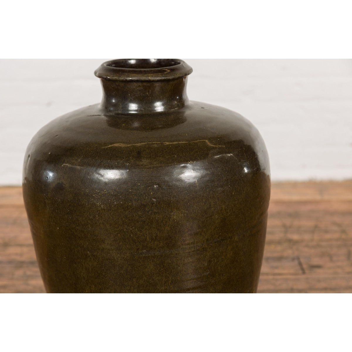 Vintage Dark Brownish Green Glazed Ceramic Storage Jar with Tapering Lines-8. Asian & Chinese Furniture, Art, Antiques, Vintage Home Décor for sale at FEA Home
