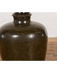 Vintage Dark Brownish Green Glazed Ceramic Storage Jar with Tapering Lines-8. Asian & Chinese Furniture, Art, Antiques, Vintage Home Décor for sale at FEA Home