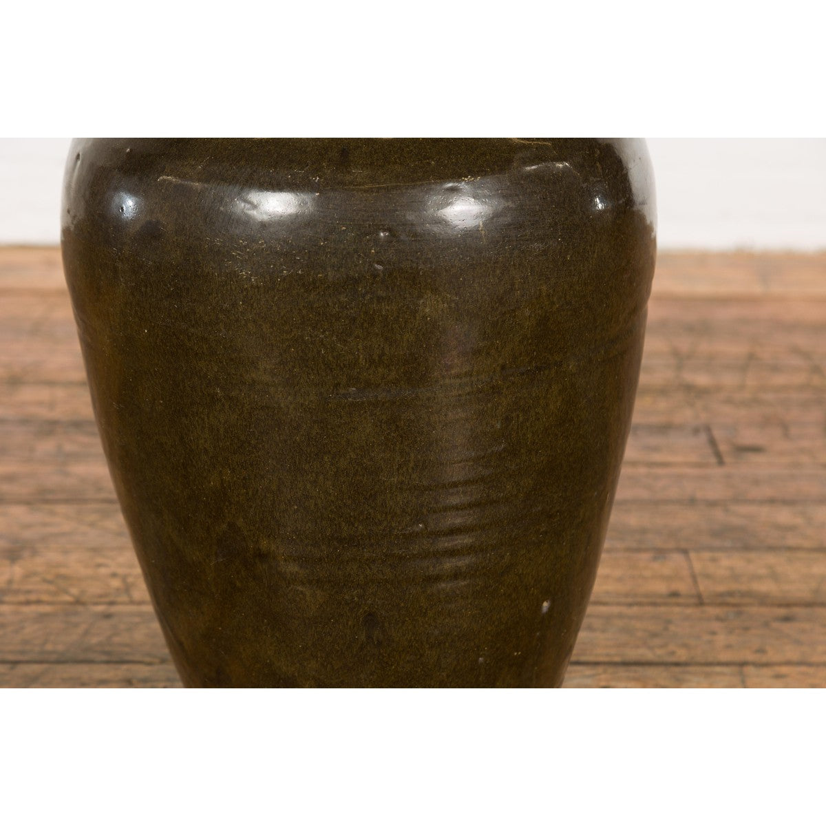 Vintage Dark Brownish Green Glazed Ceramic Storage Jar with Tapering Lines-9. Asian & Chinese Furniture, Art, Antiques, Vintage Home Décor for sale at FEA Home