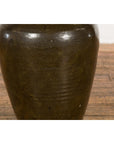 Vintage Dark Brownish Green Glazed Ceramic Storage Jar with Tapering Lines-9. Asian & Chinese Furniture, Art, Antiques, Vintage Home Décor for sale at FEA Home