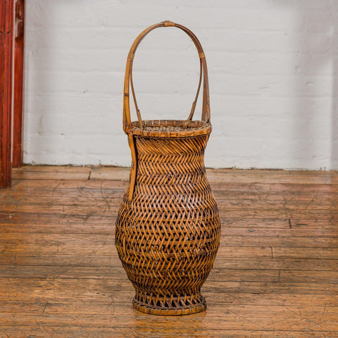 Antique Woven Bamboo Ikebana Basket with Large Handle, circa 1900-YN3637-10. Asian & Chinese Furniture, Art, Antiques, Vintage Home Décor for sale at FEA Home