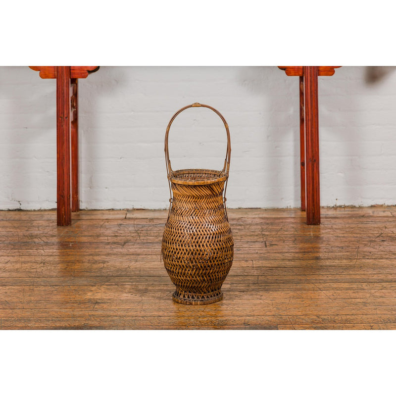 Antique Woven Bamboo Ikebana Basket with Large Handle, circa 1900-YN3637-13. Asian & Chinese Furniture, Art, Antiques, Vintage Home Décor for sale at FEA Home