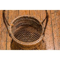 Antique Woven Bamboo Ikebana Basket with Large Handle, circa 1900