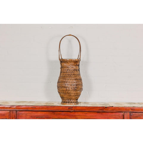Antique Woven Bamboo Ikebana Basket with Large Handle, circa 1900-YN3637-16. Asian & Chinese Furniture, Art, Antiques, Vintage Home Décor for sale at FEA Home