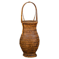 Antique Woven Bamboo Ikebana Basket with Large Handle, circa 1900