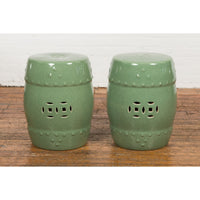 Chinese Vintage Celadon Glazed Garden Stools with Pierced Motifs, Sold Each