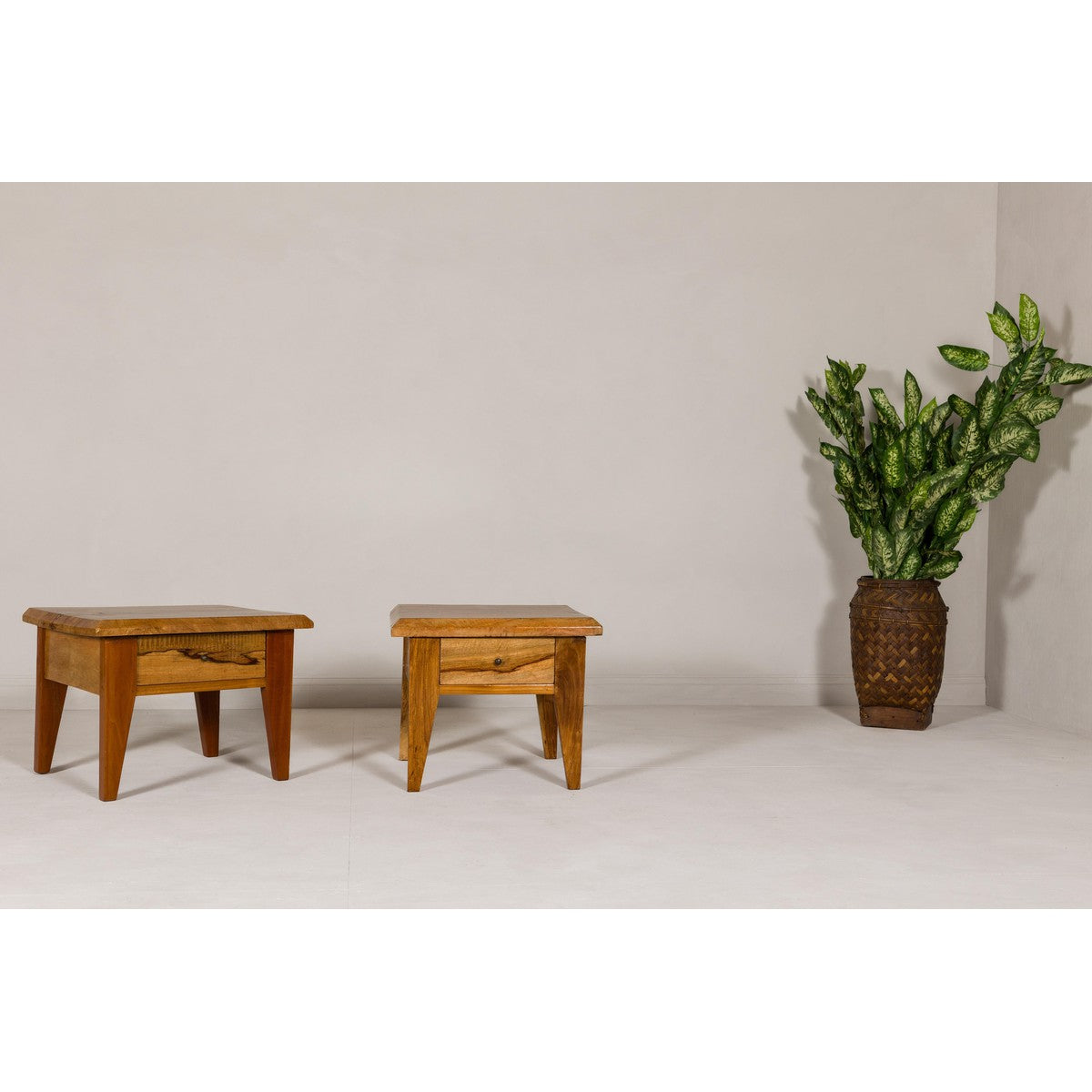 Near Pair of Mango Wood Midcentury Low Side Tables with Single Drawers-8. Asian & Chinese Furniture, Art, Antiques, Vintage Home Décor for sale at FEA Home