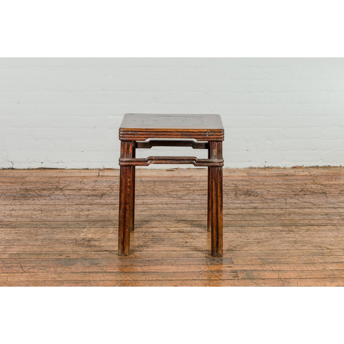 Antique Dark Brown Side Table with Reeded Humpback Stretchers-12. Asian & Chinese Furniture, Art, Antiques, Vintage Home Décor for sale at FEA Home