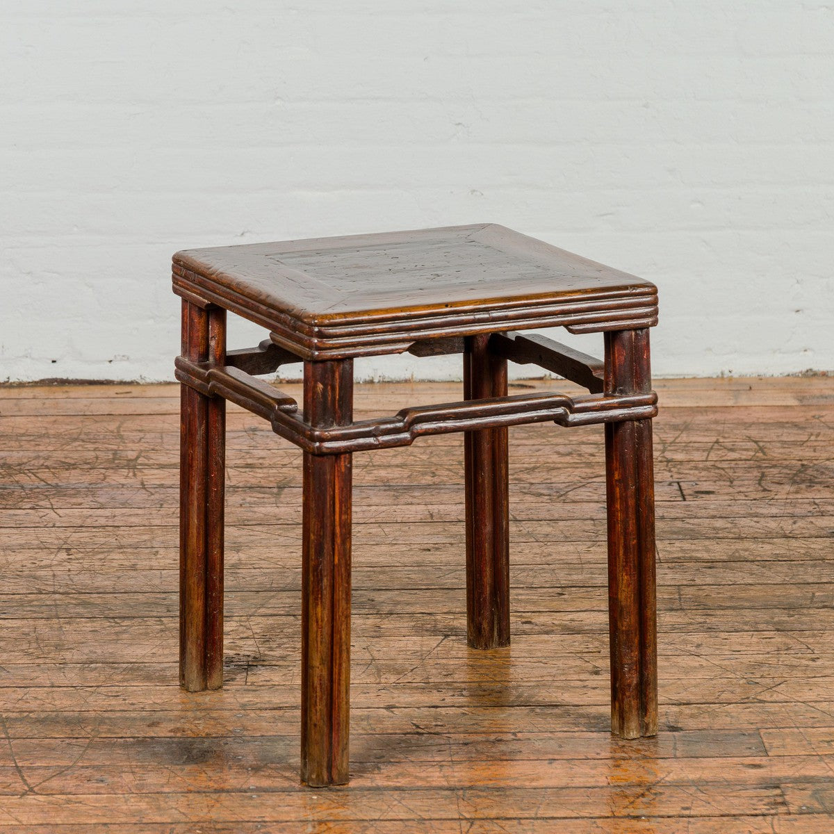 Antique Dark Brown Side Table with Reeded Humpback Stretchers-9. Asian & Chinese Furniture, Art, Antiques, Vintage Home Décor for sale at FEA Home