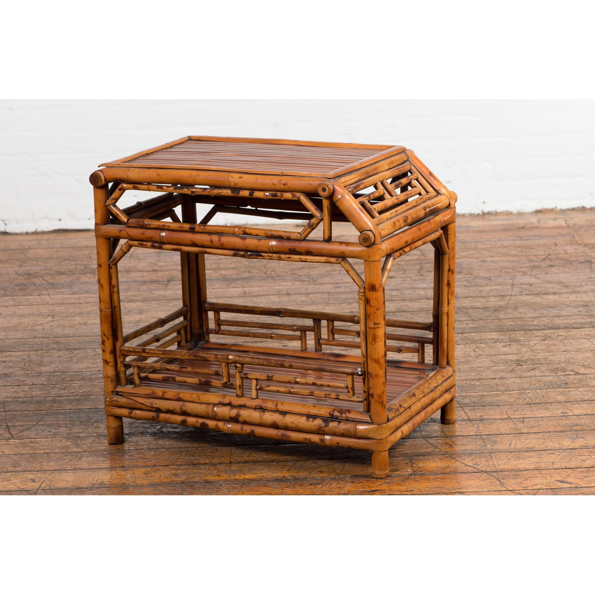 Vintage Bamboo Side Table with Slanted Front & Under Storage-10. Asian & Chinese Furniture, Art, Antiques, Vintage Home Décor for sale at FEA Home