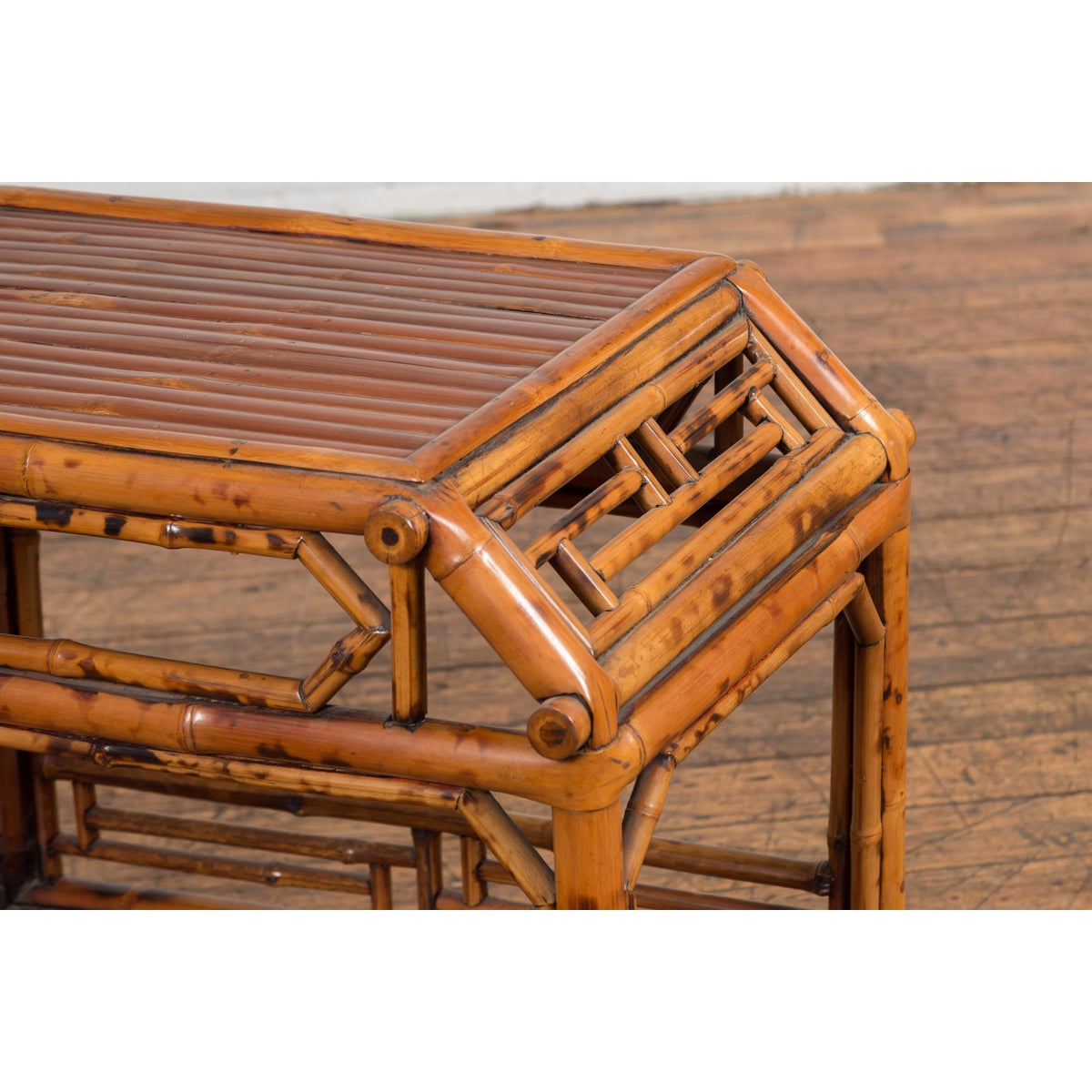 Vintage Bamboo Side Table with Slanted Front & Under Storage-11. Asian & Chinese Furniture, Art, Antiques, Vintage Home Décor for sale at FEA Home