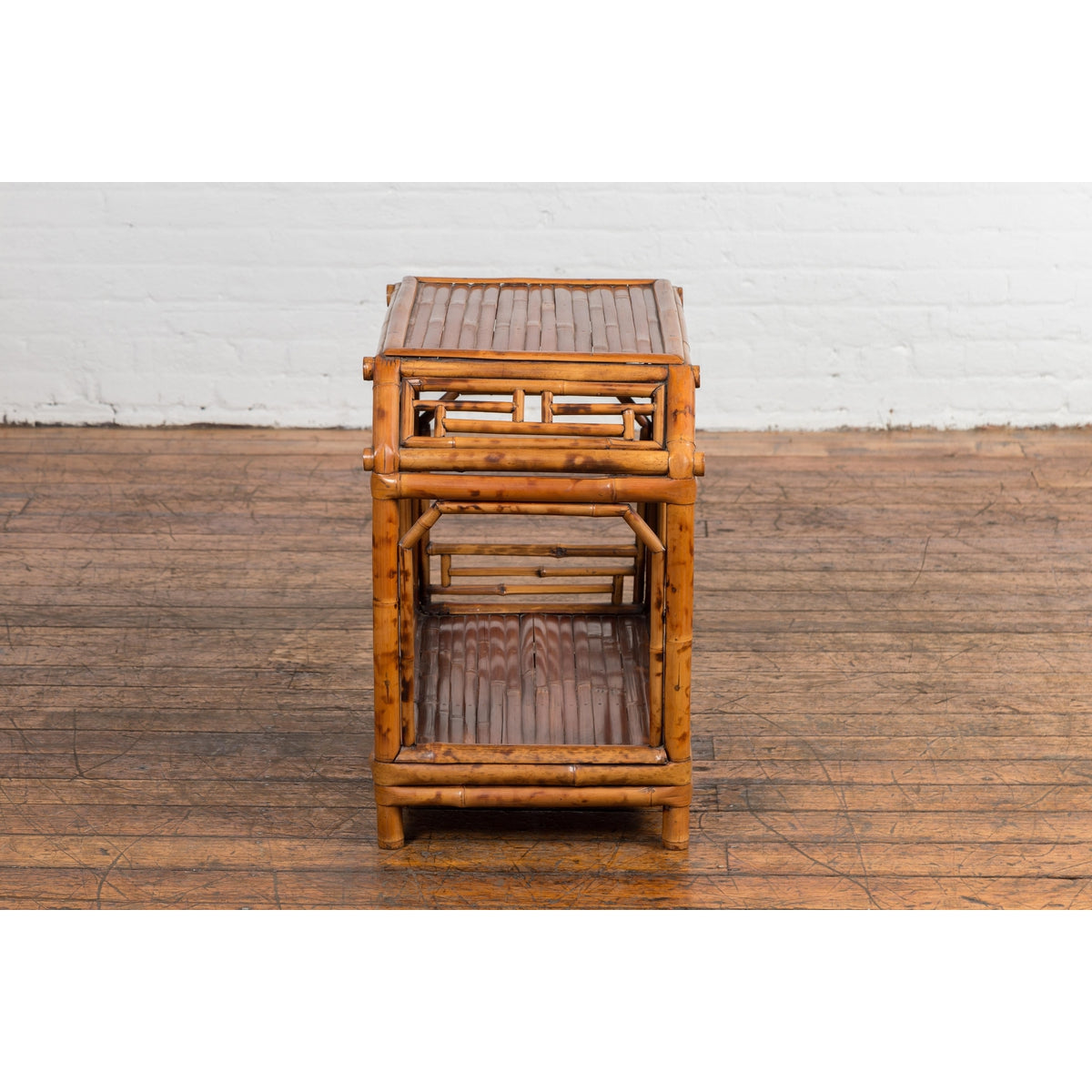 Vintage Bamboo Side Table with Slanted Front & Under Storage-14. Asian & Chinese Furniture, Art, Antiques, Vintage Home Décor for sale at FEA Home