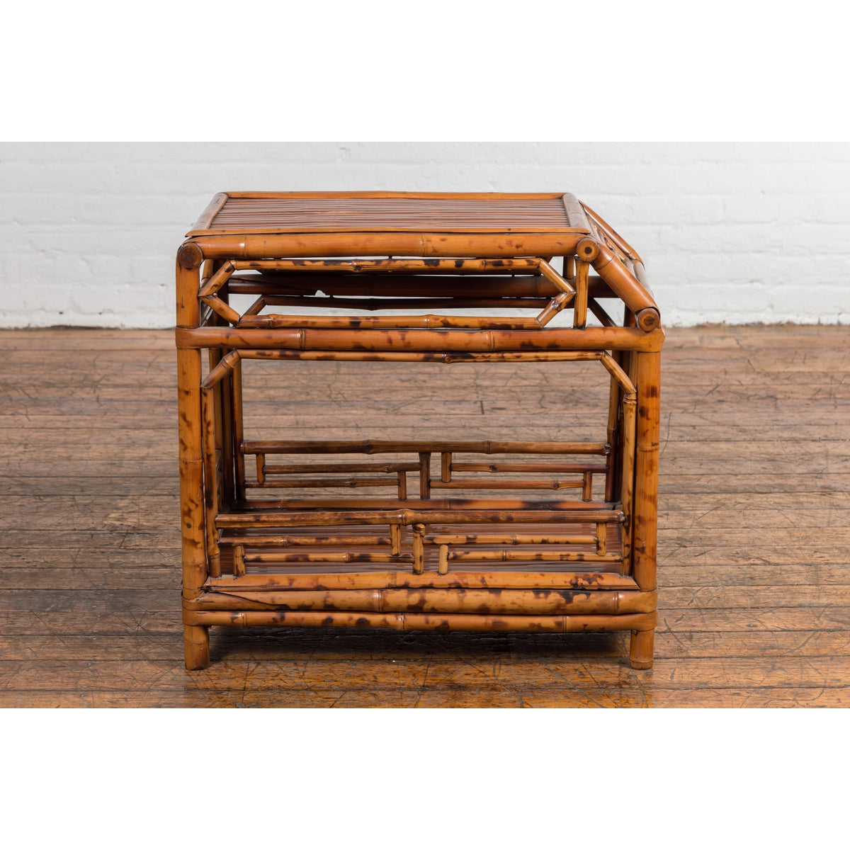 Vintage Bamboo Side Table with Slanted Front & Under Storage-2. Asian & Chinese Furniture, Art, Antiques, Vintage Home Décor for sale at FEA Home