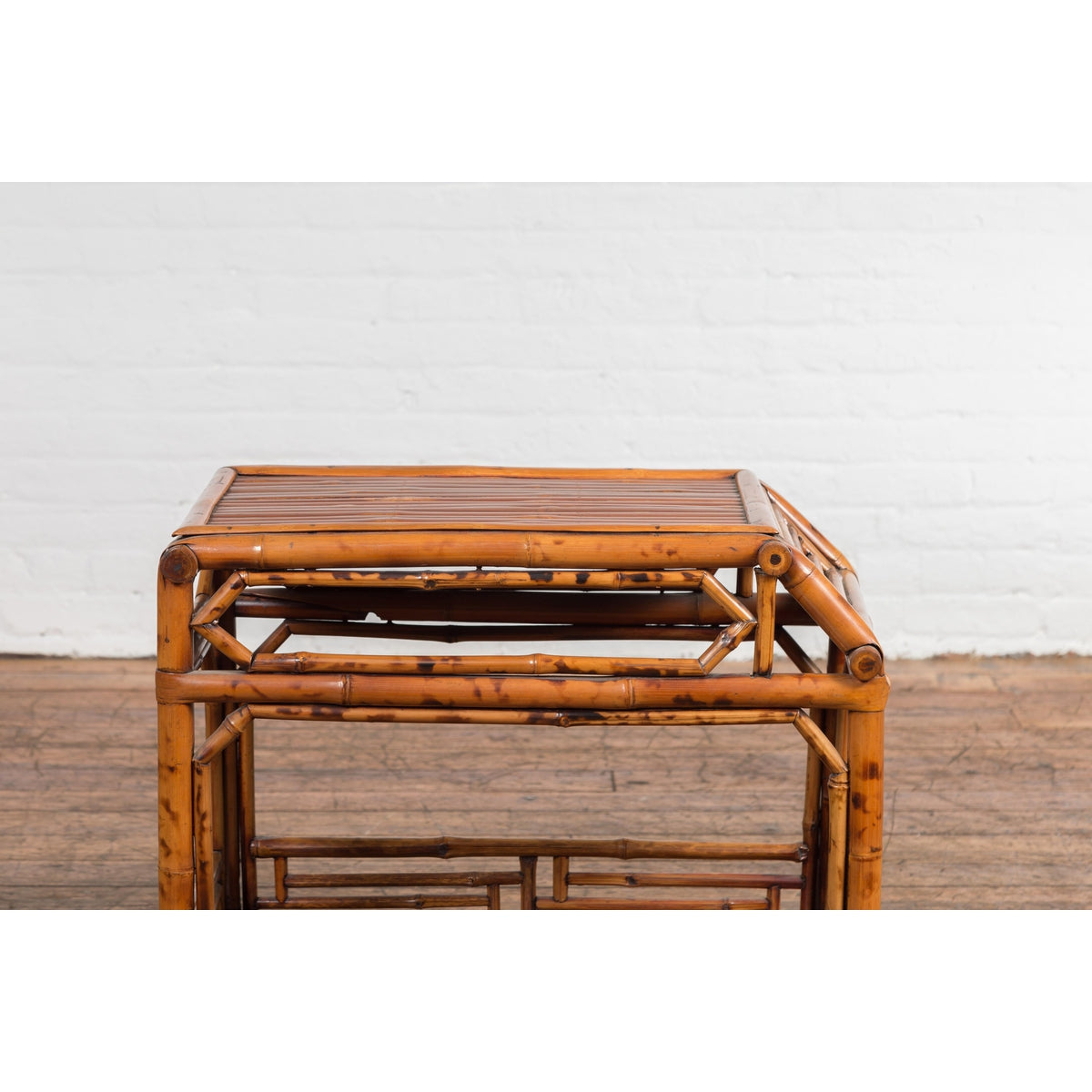 Vintage Bamboo Side Table with Slanted Front & Under Storage-3. Asian & Chinese Furniture, Art, Antiques, Vintage Home Décor for sale at FEA Home