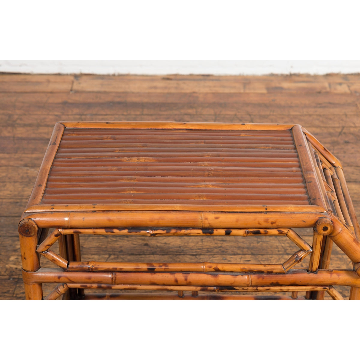 Vintage Bamboo Side Table with Slanted Front & Under Storage-5. Asian & Chinese Furniture, Art, Antiques, Vintage Home Décor for sale at FEA Home