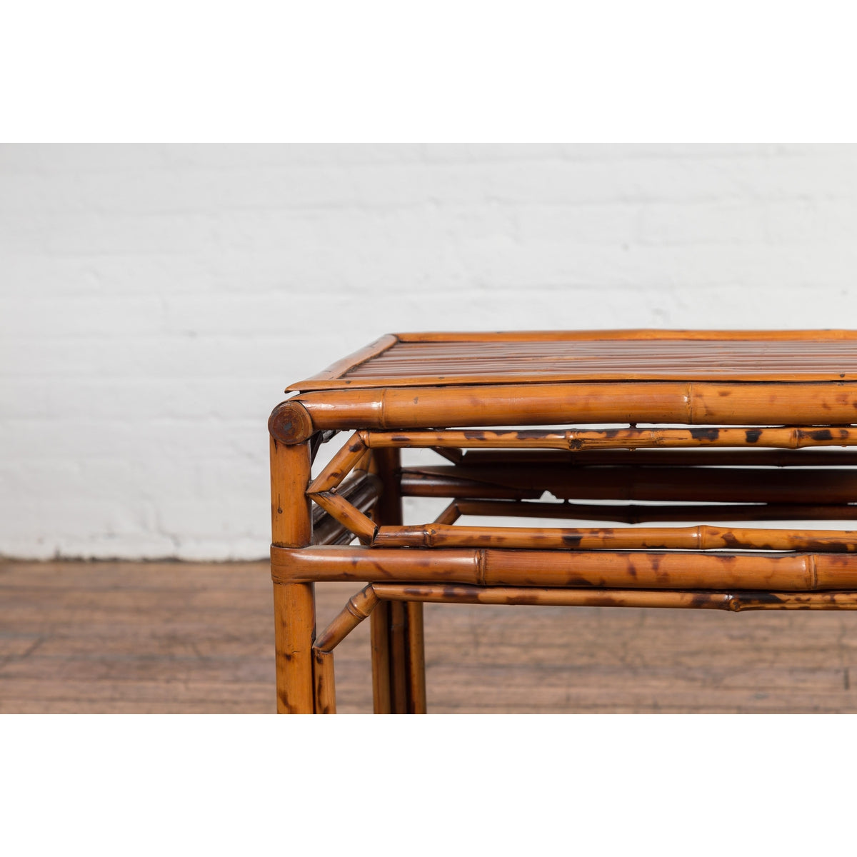 Vintage Bamboo Side Table with Slanted Front & Under Storage-7. Asian & Chinese Furniture, Art, Antiques, Vintage Home Décor for sale at FEA Home