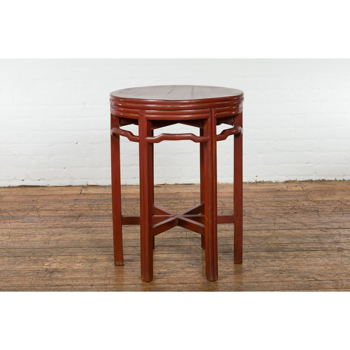 Late Qing Dynasty Period Red Lacquer Round Top Pedestal Flower Stand-3. Asian & Chinese Furniture, Art, Antiques, Vintage Home Décor for sale at FEA Home
