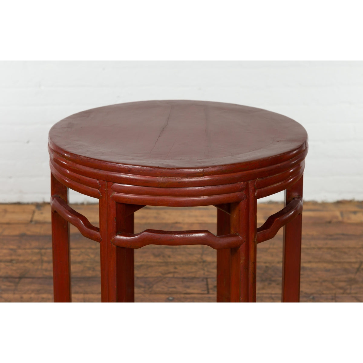 Late Qing Dynasty Period Red Lacquer Round Top Pedestal Flower Stand-4. Asian & Chinese Furniture, Art, Antiques, Vintage Home Décor for sale at FEA Home