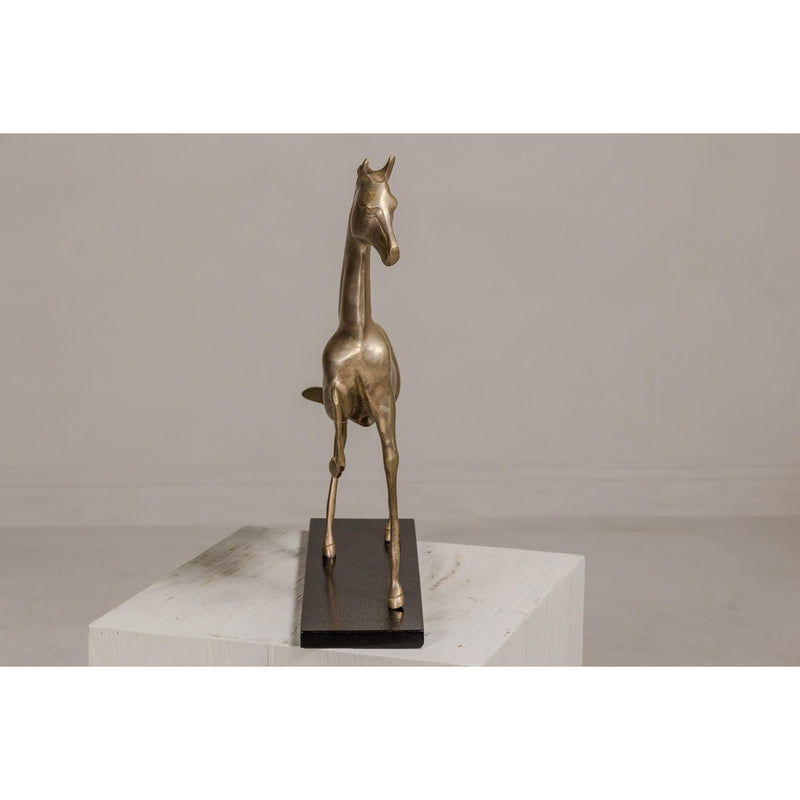 Vintage Silver over Brass Walking Horse Statuette on Ebonized Oak Base-YN4130-10. Asian & Chinese Furniture, Art, Antiques, Vintage Home Décor for sale at FEA Home