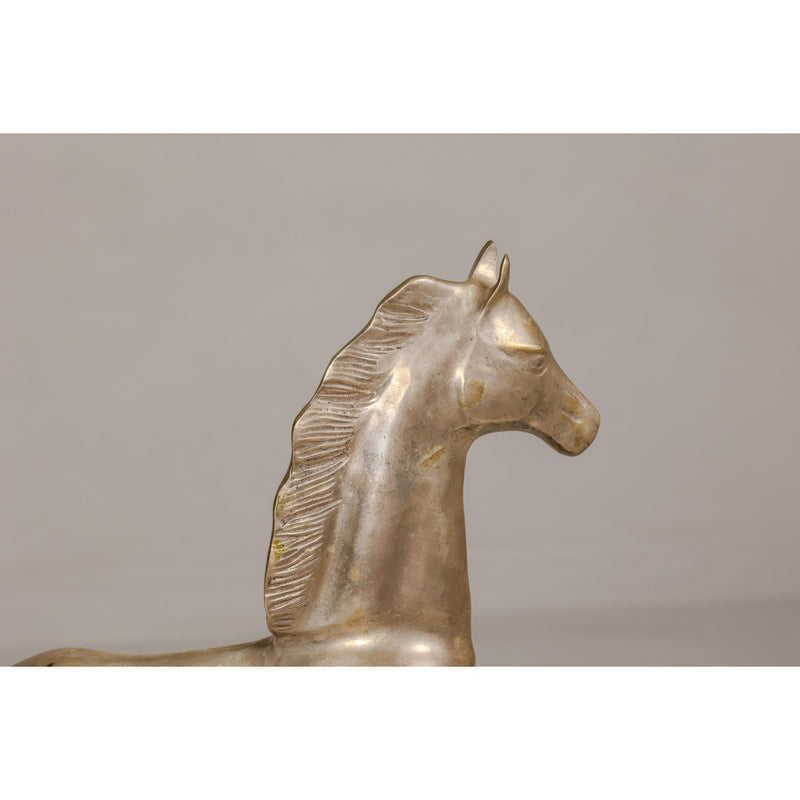 Vintage Silver over Brass Walking Horse Statuette on Ebonized Oak Base-YN4130-11. Asian & Chinese Furniture, Art, Antiques, Vintage Home Décor for sale at FEA Home