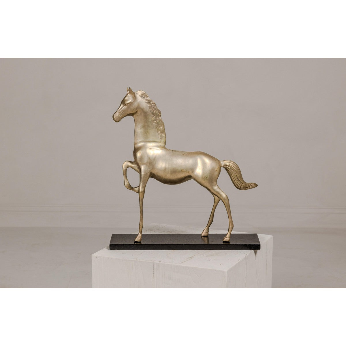 Vintage Silver over Brass Walking Horse Statuette on Ebonized Oak Base-2. Asian & Chinese Furniture, Art, Antiques, Vintage Home Décor for sale at FEA Home