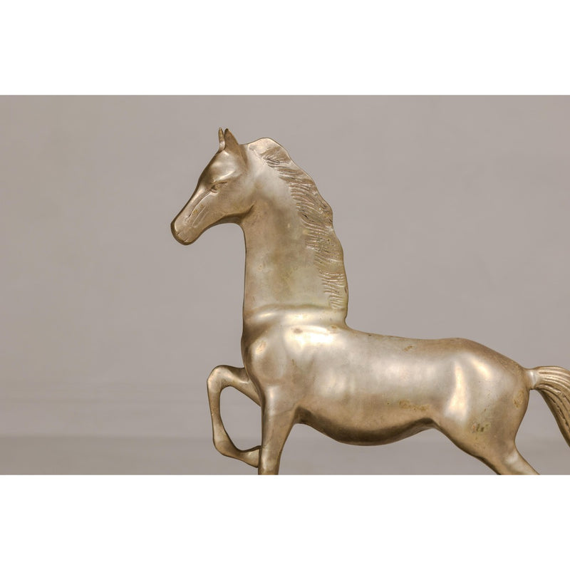 Vintage Silver over Brass Walking Horse Statuette on Ebonized Oak Base-YN4130-4. Asian & Chinese Furniture, Art, Antiques, Vintage Home Décor for sale at FEA Home
