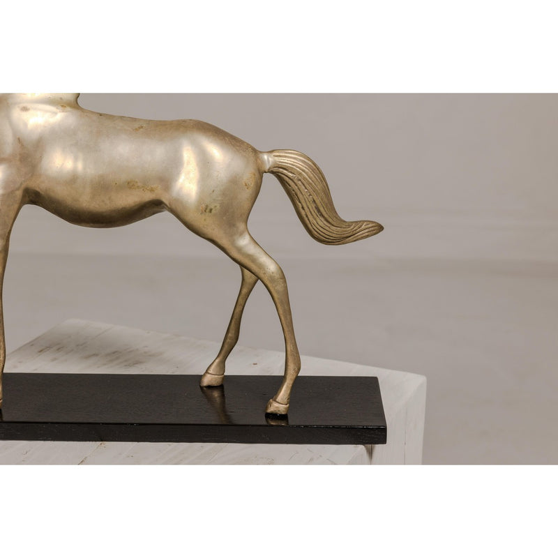 Vintage Silver over Brass Walking Horse Statuette on Ebonized Oak Base-YN4130-5. Asian & Chinese Furniture, Art, Antiques, Vintage Home Décor for sale at FEA Home