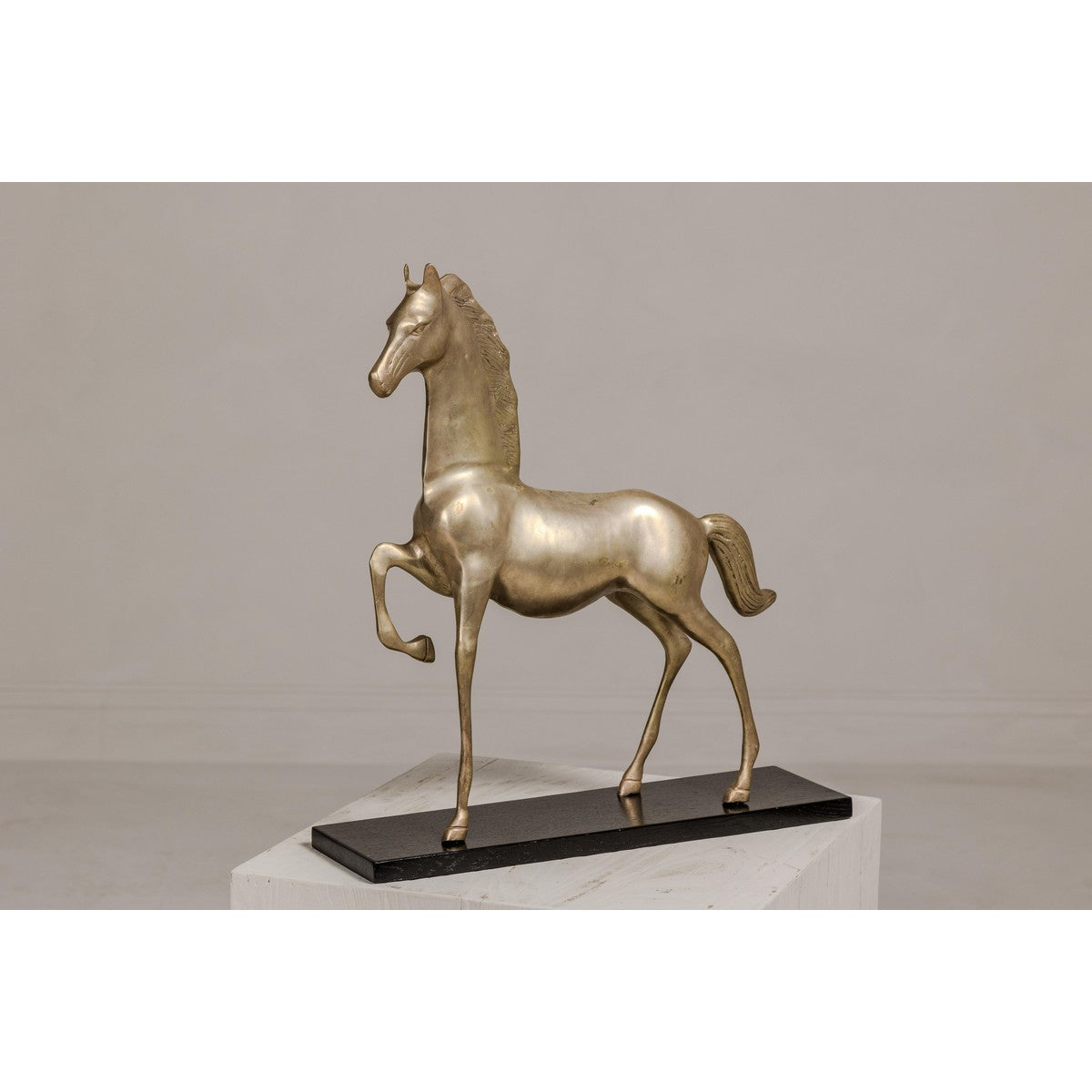 Vintage Silver over Brass Walking Horse Statuette on Ebonized Oak Base-8. Asian & Chinese Furniture, Art, Antiques, Vintage Home Décor for sale at FEA Home