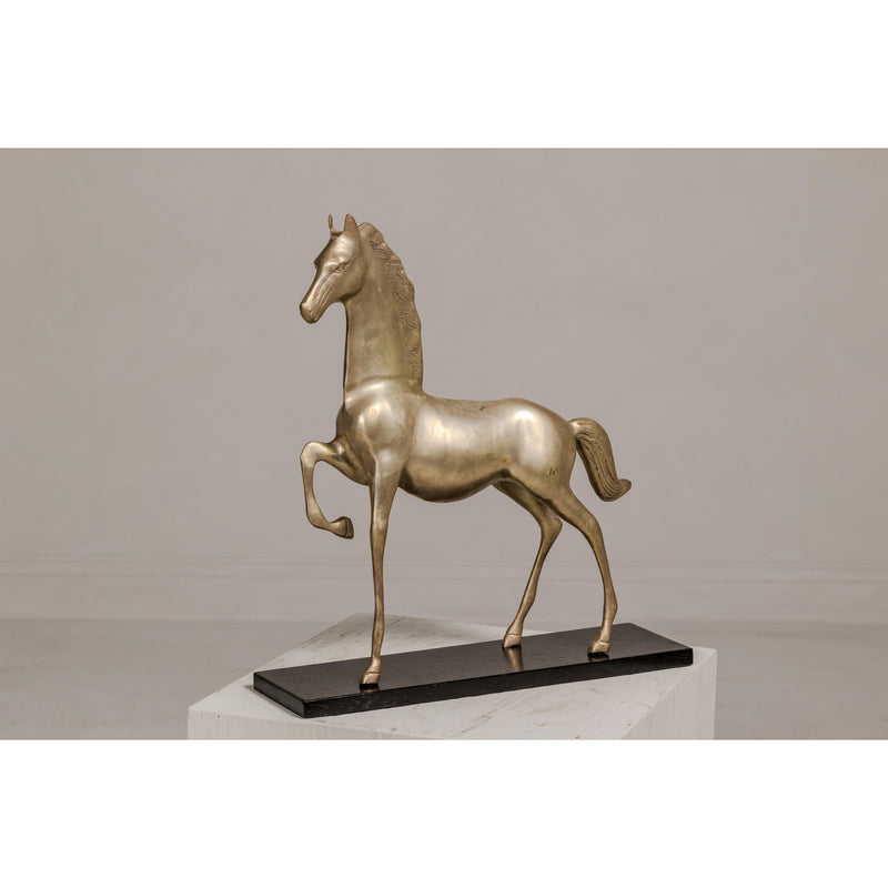 Vintage Silver over Brass Walking Horse Statuette on Ebonized Oak Base-YN4130-8. Asian & Chinese Furniture, Art, Antiques, Vintage Home Décor for sale at FEA Home