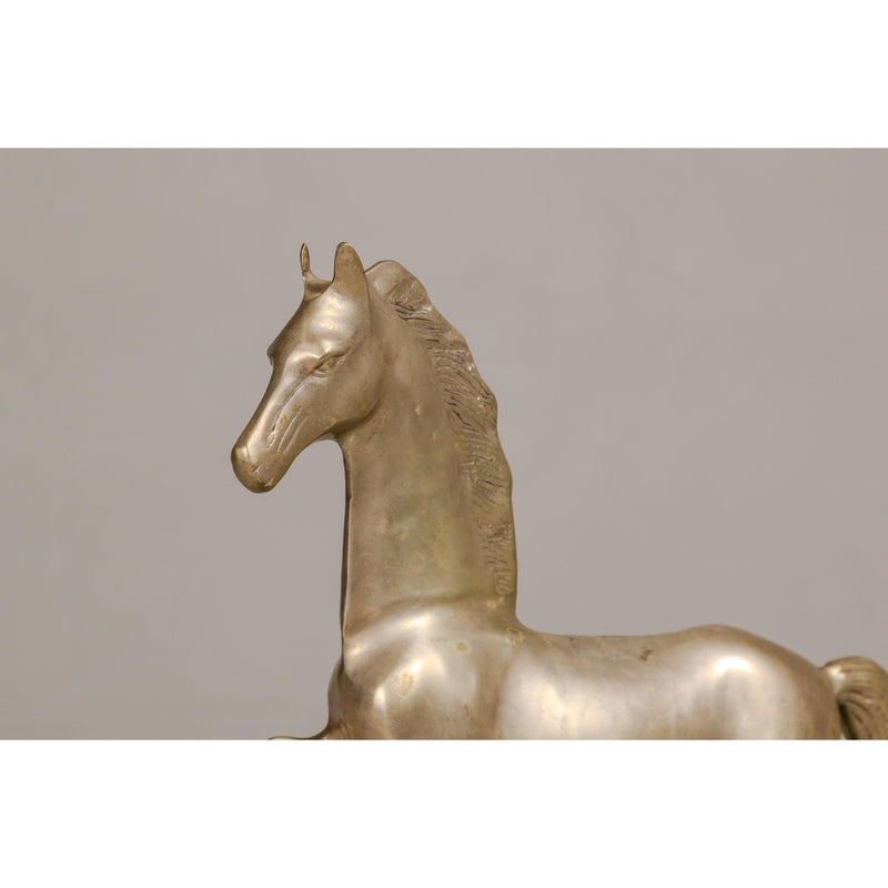 Vintage Silver over Brass Walking Horse Statuette on Ebonized Oak Base-YN4130-9. Asian & Chinese Furniture, Art, Antiques, Vintage Home Décor for sale at FEA Home