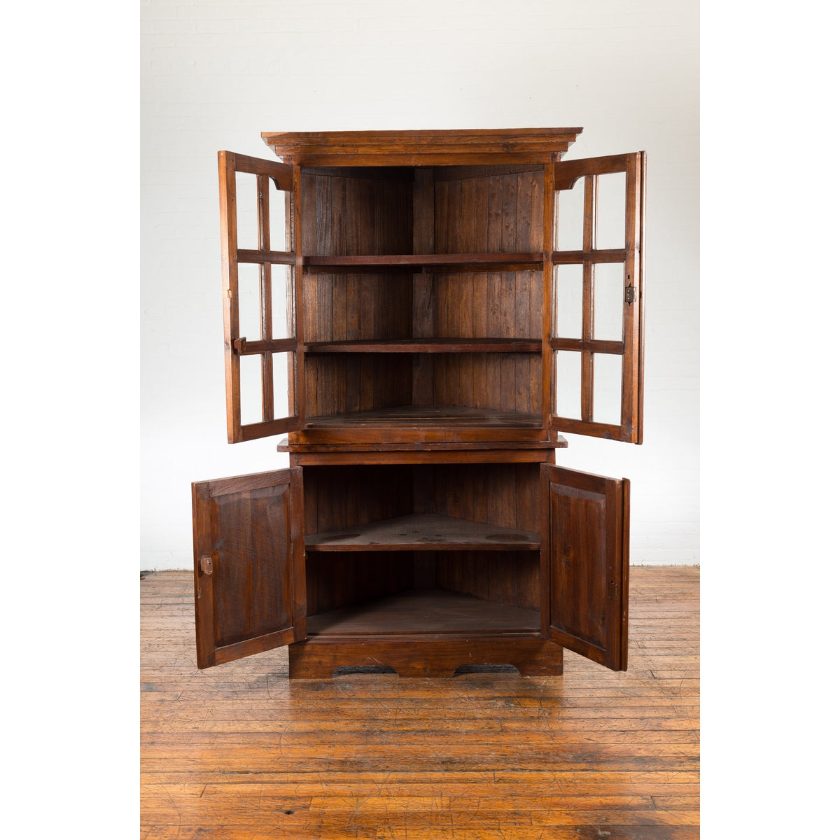 Javanese Dutch Colonial Two Part Display Corner Cabinet with Glass Doors-3. Asian & Chinese Furniture, Art, Antiques, Vintage Home Décor for sale at FEA Home