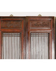 Black and gold lacquered wood six-panel Qing Dynasty screen with carved meander motifs and vertical slats, traditional style.