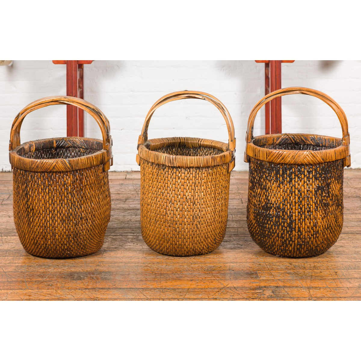 Large Antique Willow Grain Basket with Wooden Handle, Sold Each-12. Asian & Chinese Furniture, Art, Antiques, Vintage Home Décor for sale at FEA Home