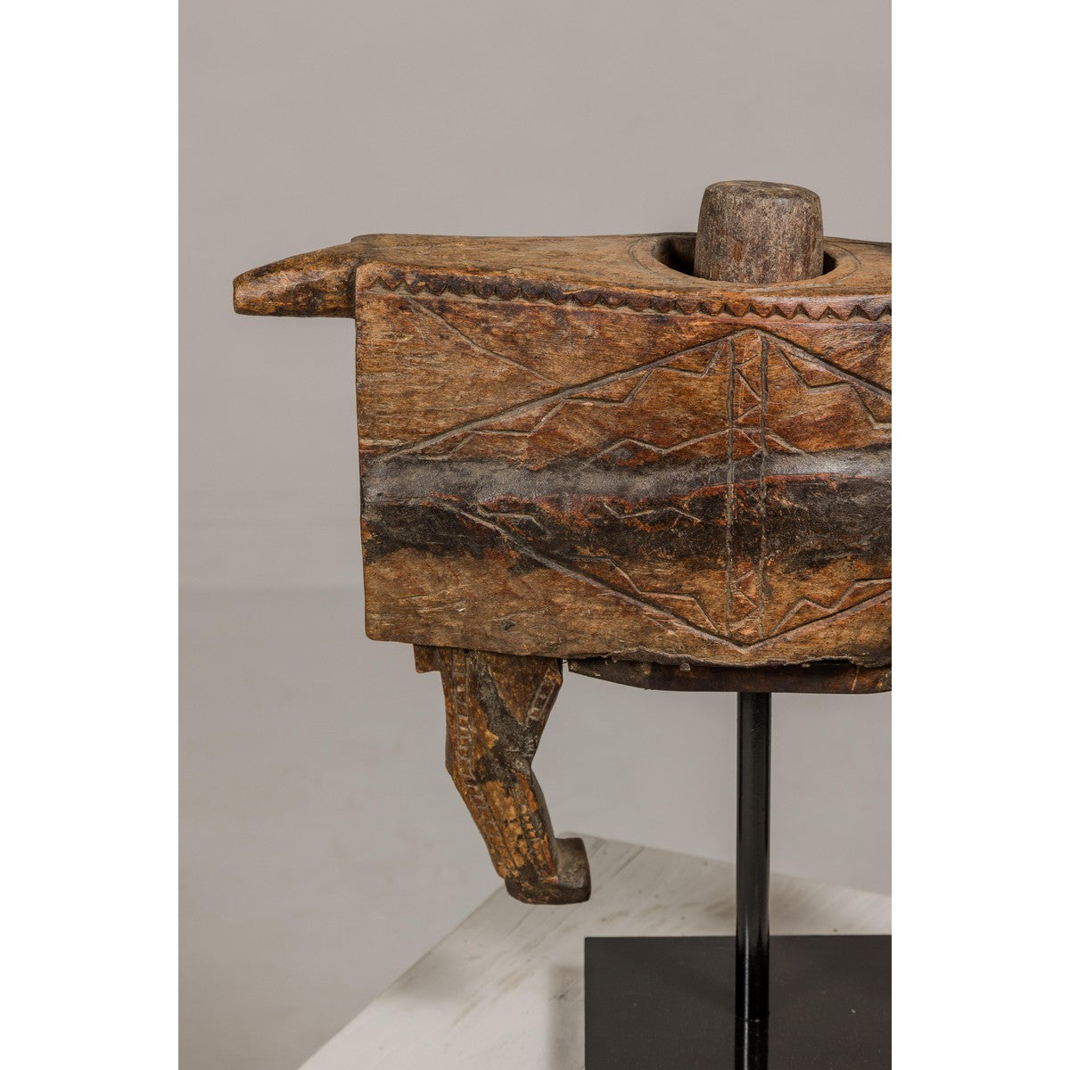 19th Century Rustic Carved Wooden Mortar and Pestle Mounted on Black Custom Base-6. Asian & Chinese Furniture, Art, Antiques, Vintage Home Décor for sale at FEA Home