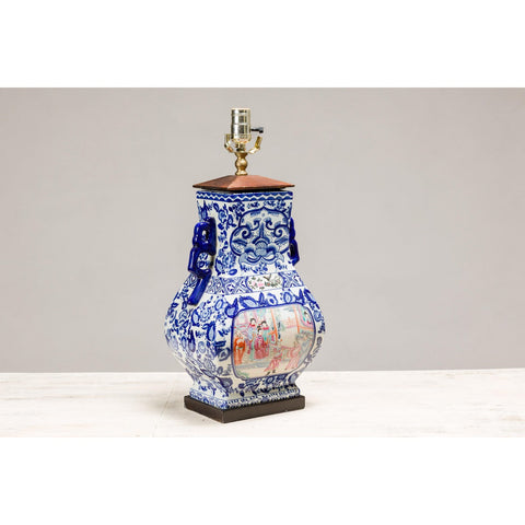 Blue and White Porcelain Table Lamp with Hand-Painted Court Scenes-YN5178-10. Asian & Chinese Furniture, Art, Antiques, Vintage Home Décor for sale at FEA Home
